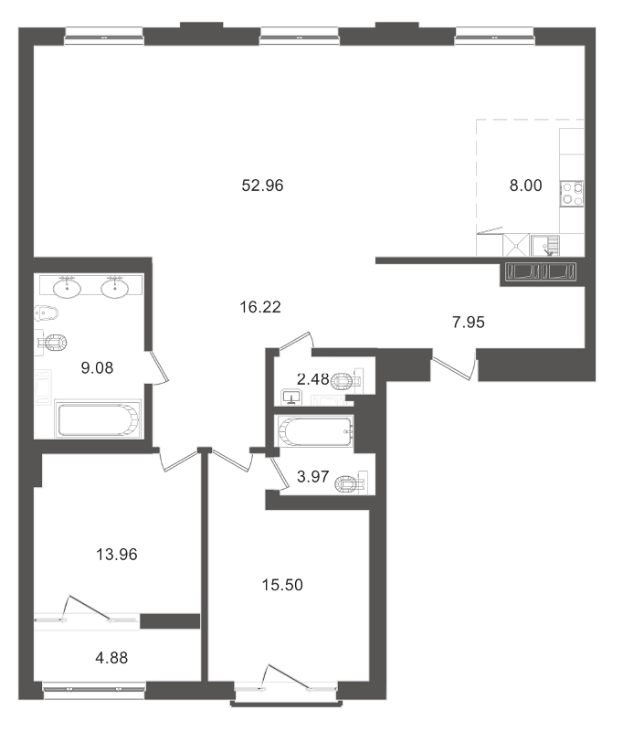 2-комнатная, 133 м² — ЖК Приоритет