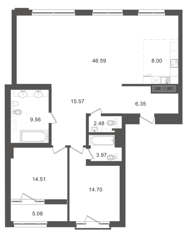 2-комнатная, 124 м² — ЖК Приоритет