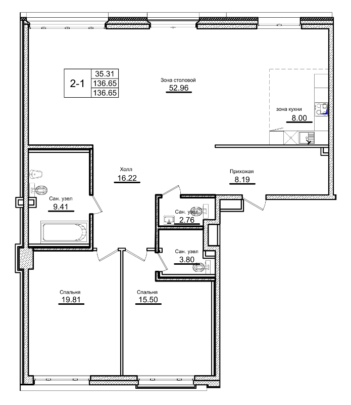 2-комнатная, 137 м² — ЖК Приоритет