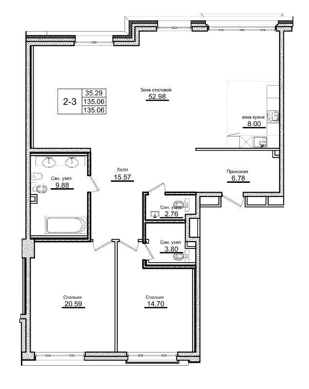 2-комнатная, 135 м² — ЖК Приоритет