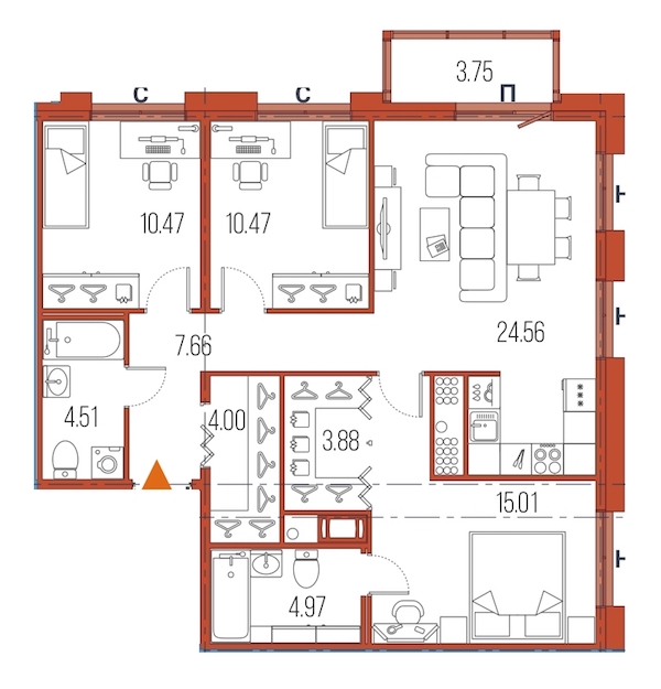 3-комнатная, 86 м² — ЖК ЖК Legenda Героев