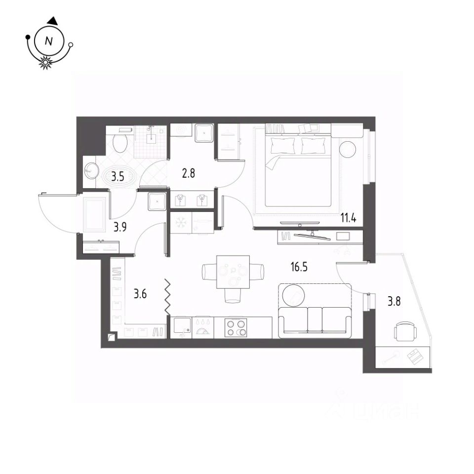 1-комнатная, 42.8 м² — ЖК ЖК Новоорловский
