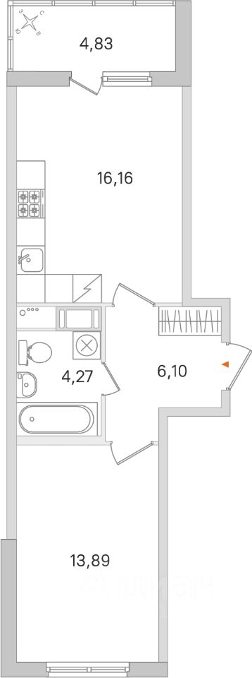 1-комнатная, 42.84 м² — ЖК ЖК Ясно Янино