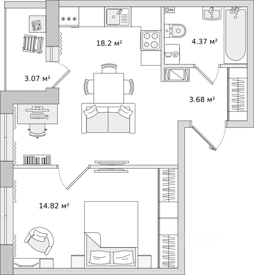 1-комнатная, 44.14 м² — ЖК ЖК Чёрная Речка