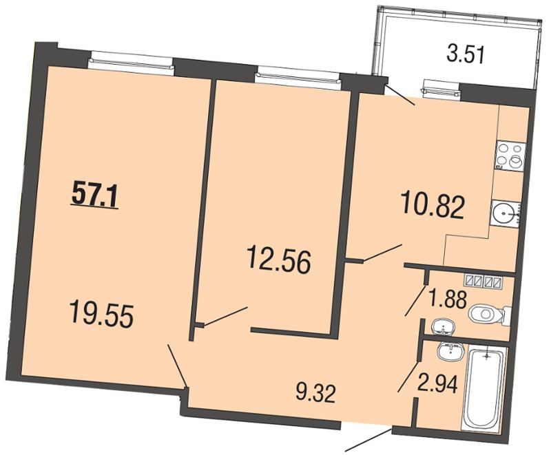 2-комнатная, 57 м² — ЖК ЖК ЭкоСити
