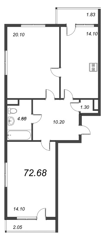 2-комнатная, 73 м² — ЖК ЖК Дом на Космонавтов