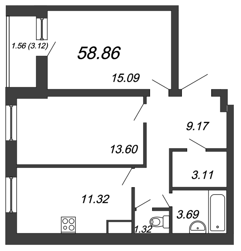 2-комнатная, 59 м² — ЖК ЖК Энфилд