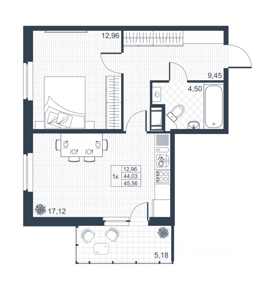 1-комнатная, 44.3 м² — ЖК ЖК Ново-Антропшино