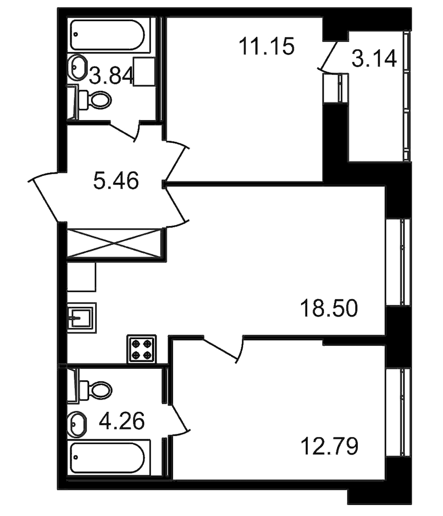 2-комнатная, 59 м² — ЖК ЖК Елизаровский