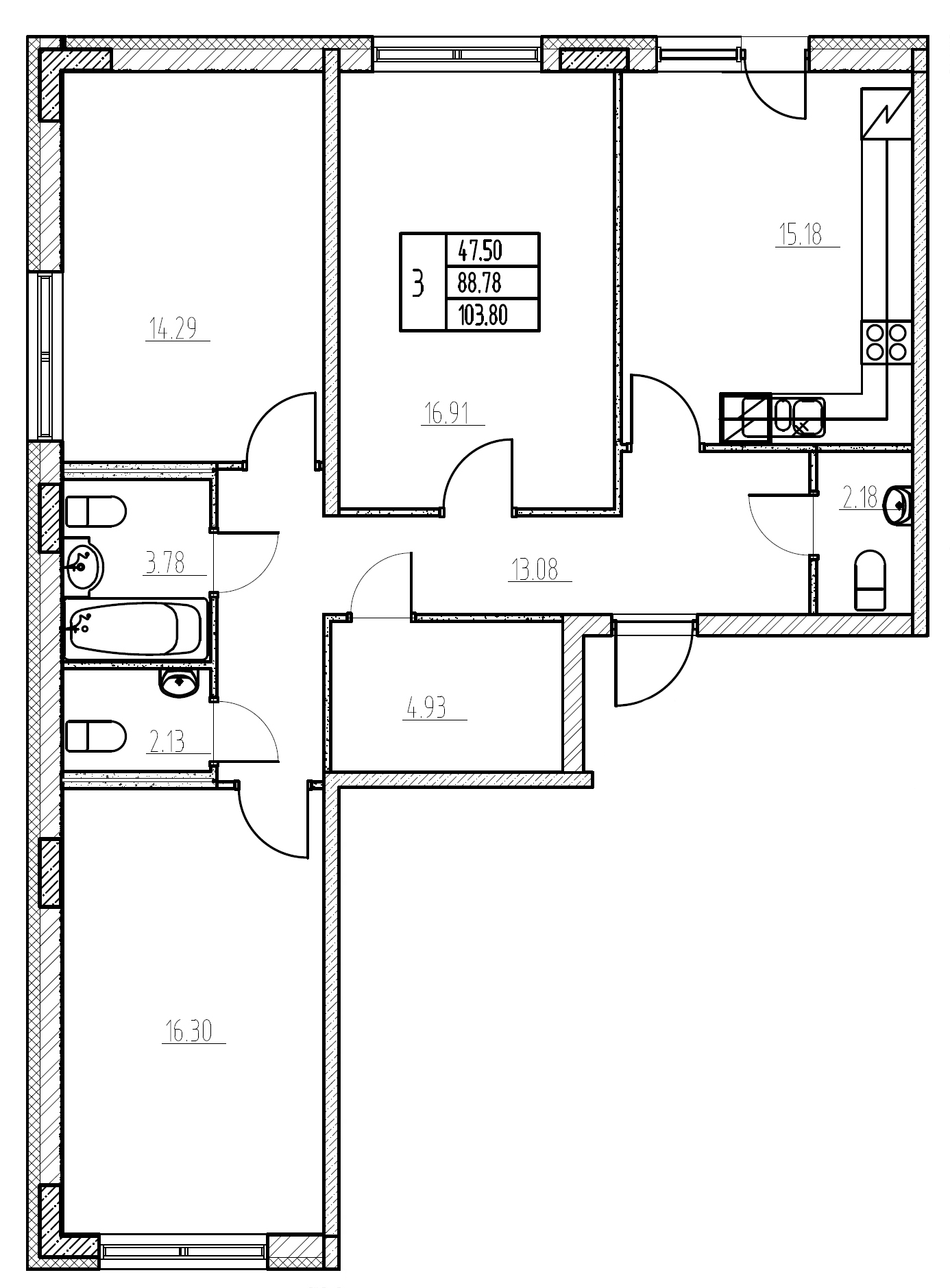 3-комнатная, 104 м² — ЖК ЖК Гольфстрим
