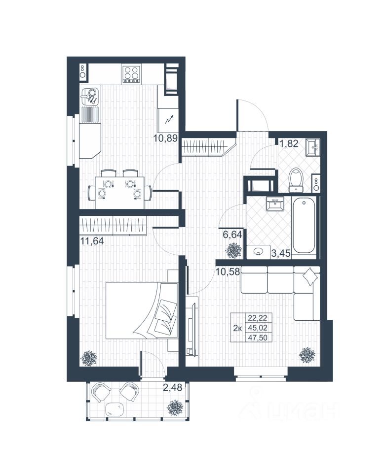 2-комнатная, 45.76 м² — ЖК ЖК Ново-Антропшино