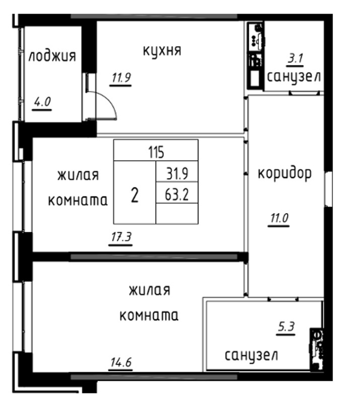 2-комнатная, 65 м² — ЖК ЖК Лайф Лесная