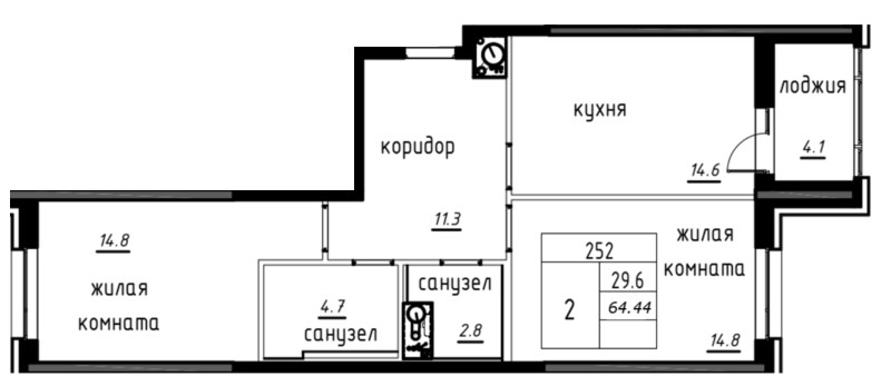 2-комнатная, 65 м² — ЖК ЖК Лайф Лесная