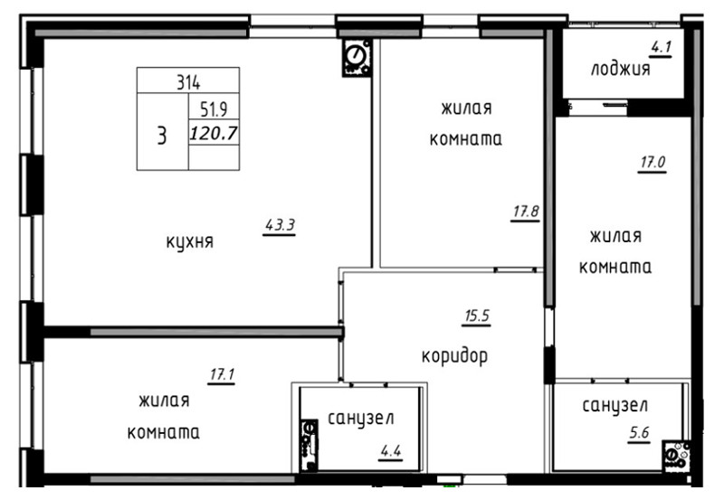 3-комнатная, 123 м² — ЖК ЖК Лайф Лесная