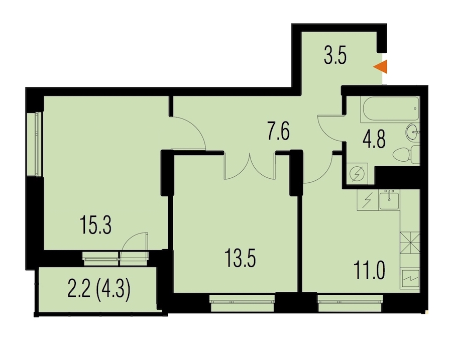 2-комнатная, 58 м² — ЖК ЖК Жемчужный Каскад