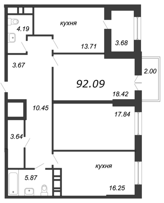 3-комнатная, 94 м² — ЖК Клубный дом Петровский квартал на воде