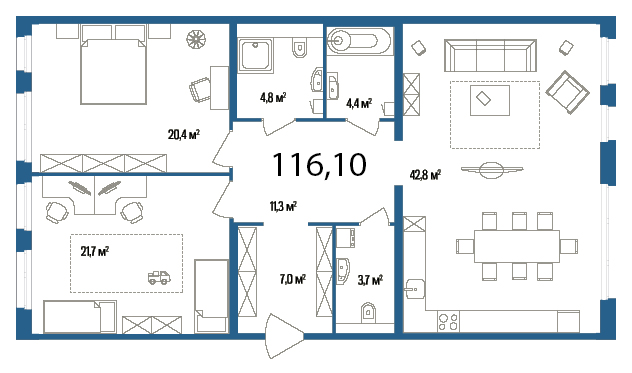2-комнатная, 116 м² — ЖК Дом на улице Нижне-Каменская