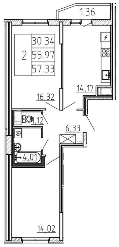 2-комнатная, 57 м² — ЖК ЖК Yoga (Йога)