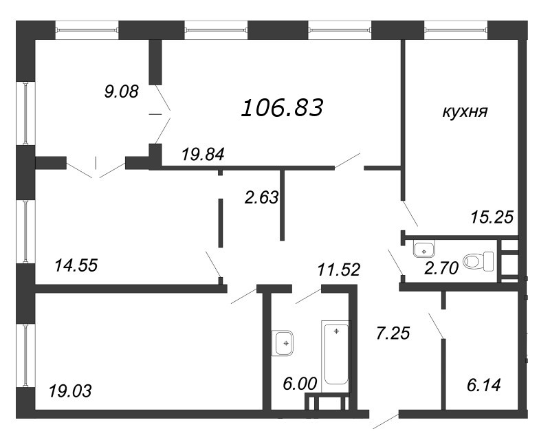 3-комнатная, 107 м² — ЖК Клубный дом Петровский квартал на воде