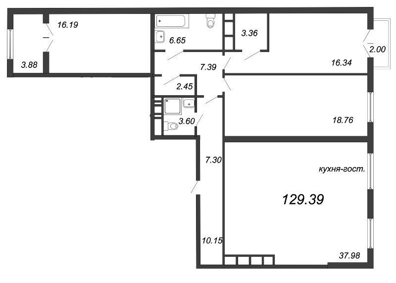 3-комнатная, 130 м² — ЖК Клубный дом Петровский квартал на воде