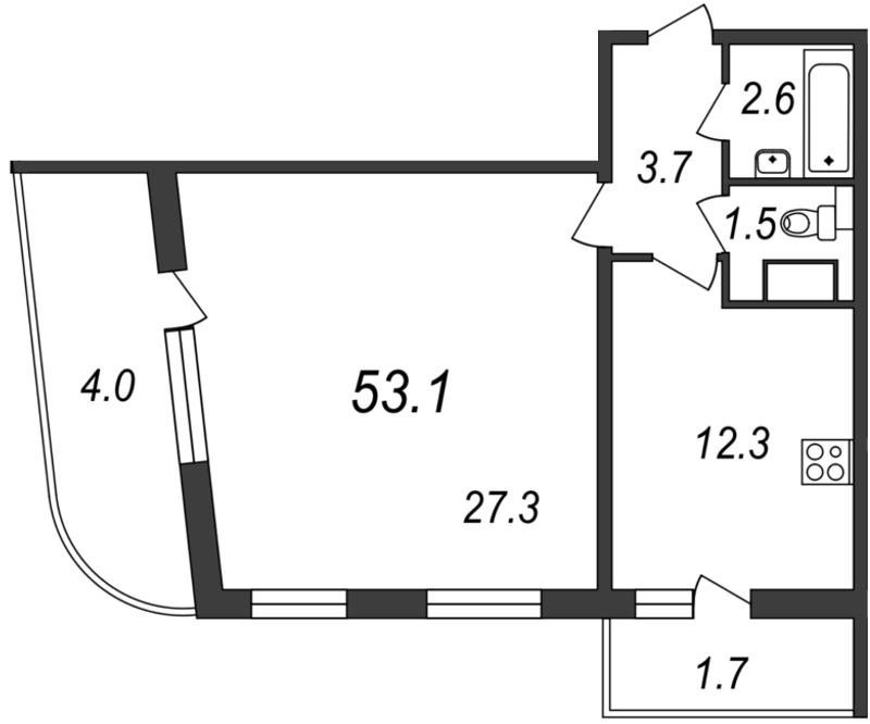 1-комнатная, 53 м² — ЖК ЖК Золотая долина