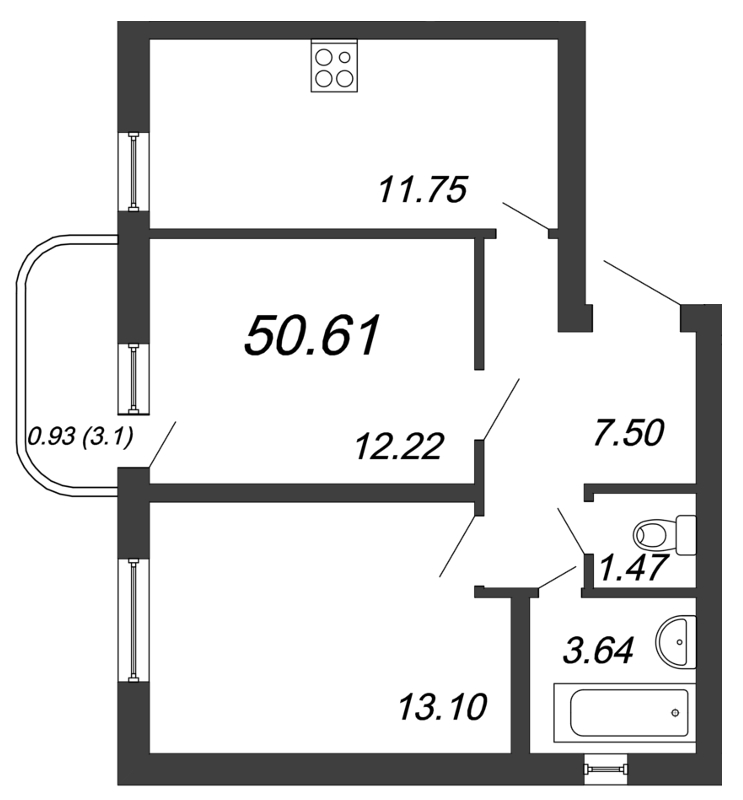 2-комнатная, 51 м² — ЖК ЖК Энфилд