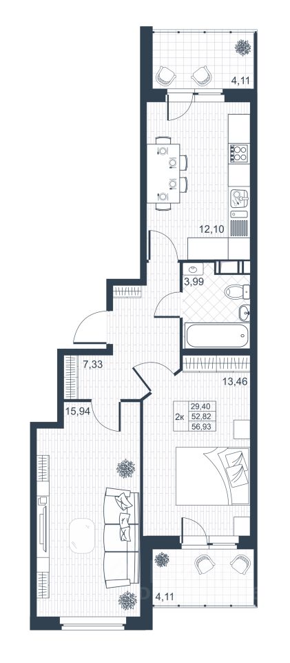 2-комнатная, 52.5 м² — ЖК ЖК Ново-Антропшино