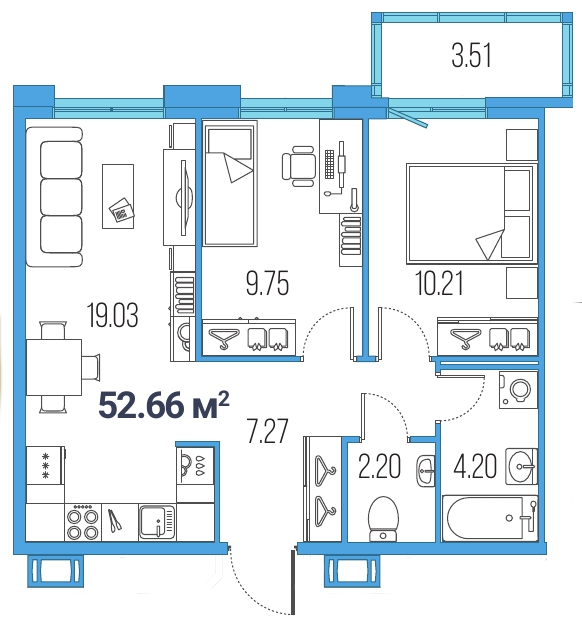 2-комнатная, 53 м² — ЖК ЖК Legenda Героев