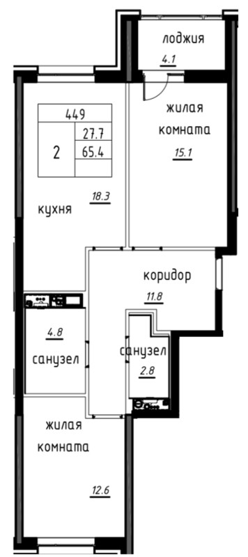 2-комнатная, 67 м² — ЖК ЖК Лайф Лесная