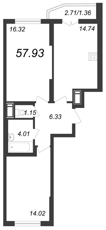 2-комнатная, 58 м² — ЖК ЖК Yoga (Йога)