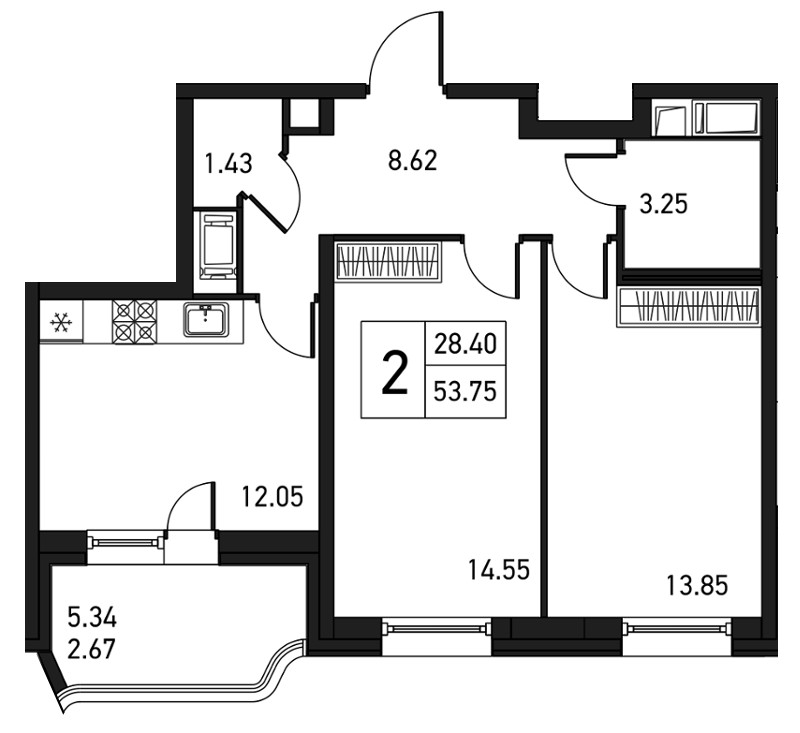 2-комнатная, 56 м² — ЖК ЖК Дом на Львовской