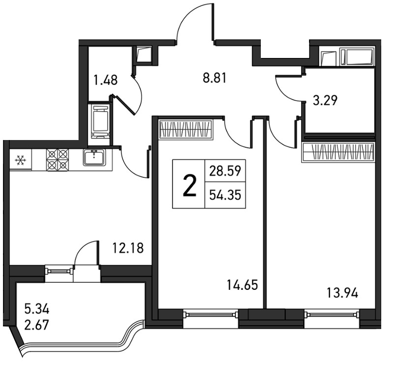 2-комнатная, 57 м² — ЖК ЖК Дом на Львовской
