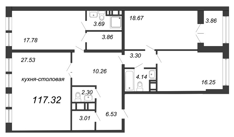 3-комнатная, 117 м² — ЖК Клубный дом Петровский квартал на воде