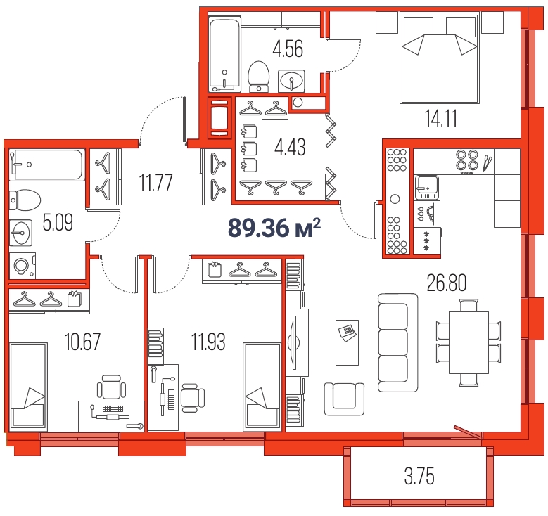 3-комнатная, 89 м² — ЖК ЖК Legenda Героев