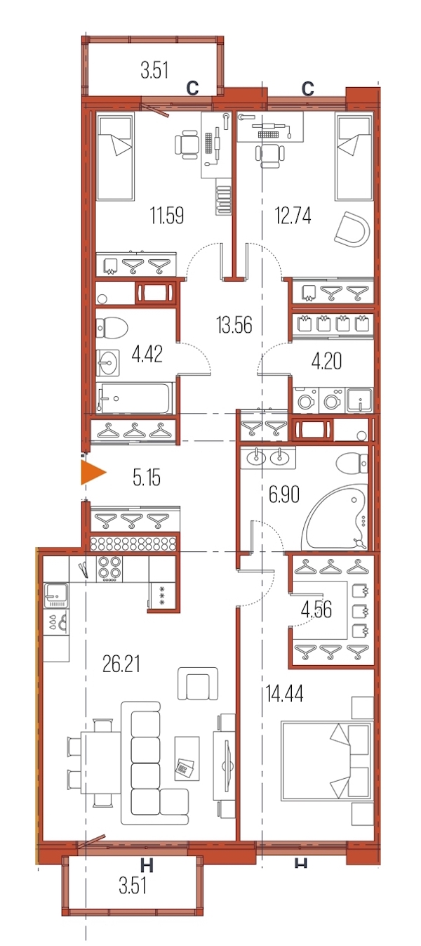 3-комнатная, 104 м² — ЖК ЖК Legenda Героев