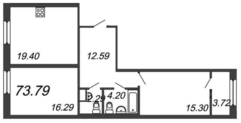 2-комнатная, 74 м² — ЖК ЖК Botanica (Ботаника)