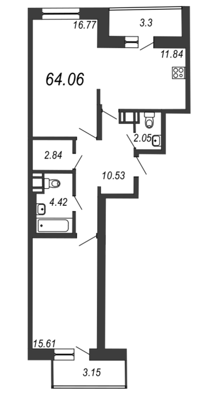 2-комнатная, 64 м² — ЖК ЖК Приморский квартал