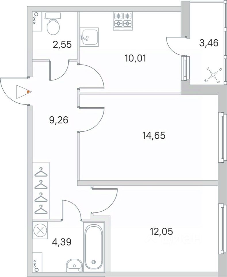 2-комнатная, 54.64 м² — ЖК ЖК Ясно Янино