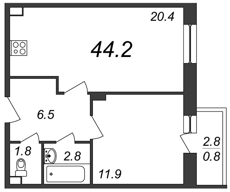 1-комнатная, 44 м² — ЖК ЖК ЗемлЯнино