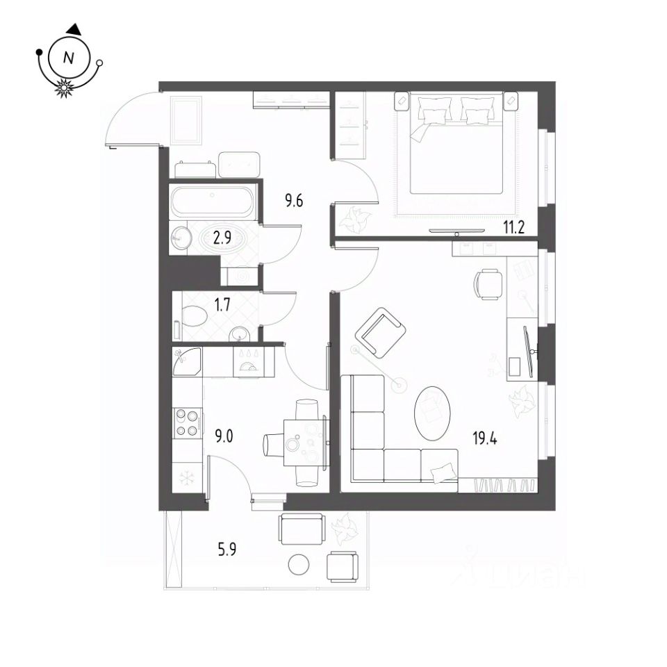 2-комнатная, 55.5 м² — ЖК ЖК Новоорловский