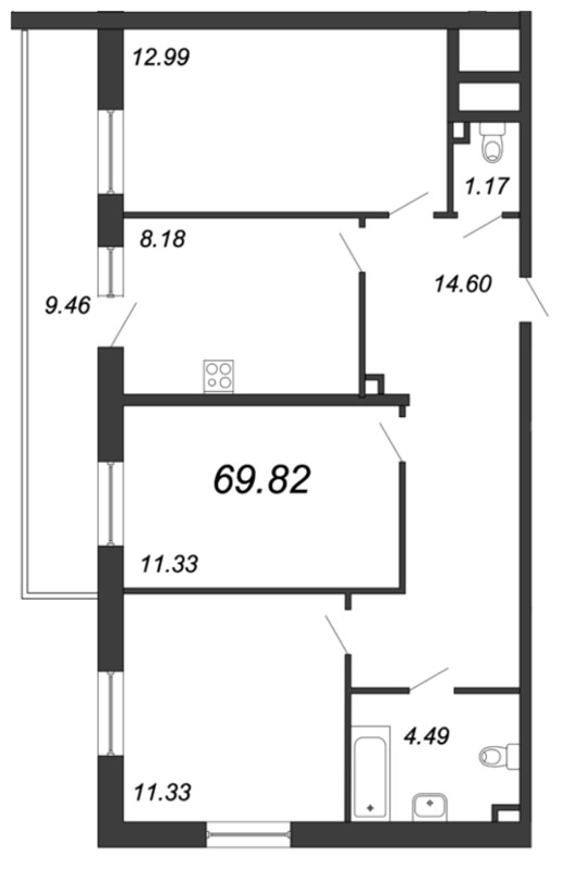3-комнатная, 70 м² — ЖК Ап-квартал Комендантский (Up-квартал Комендантский)