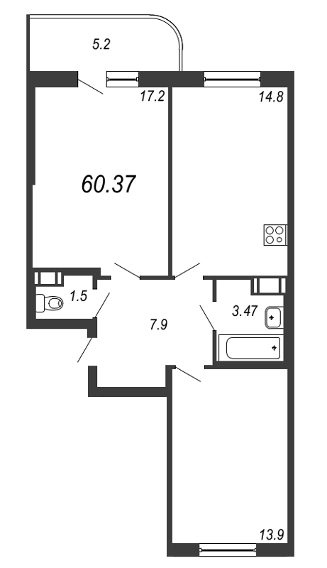 2-комнатная, 60 м² — ЖК ЖК Энфилд