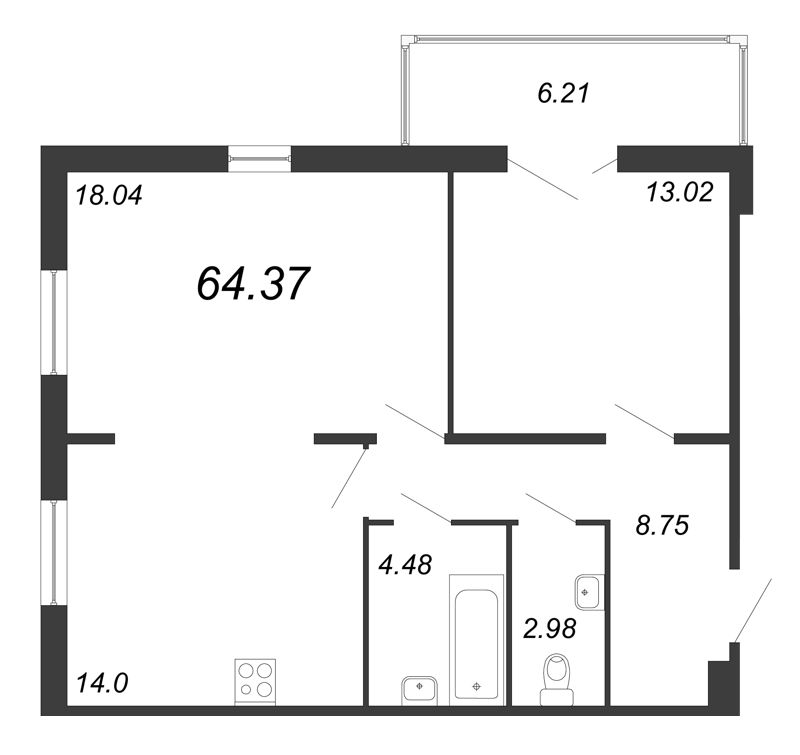 2-комнатная, 64 м² — ЖК ЖК Горки Парк