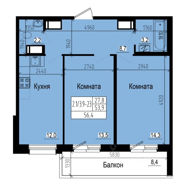 2-комнатная, 56.4 м² — ЖК ЖК Прагма city (Прагма сити)
