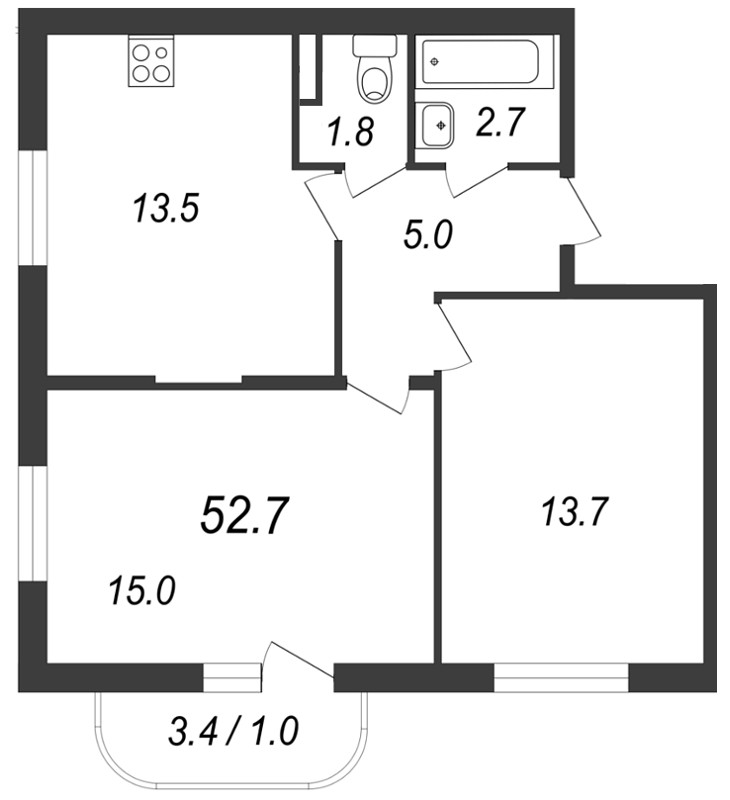 2-комнатная, 53 м² — ЖК ЖК Энфилд