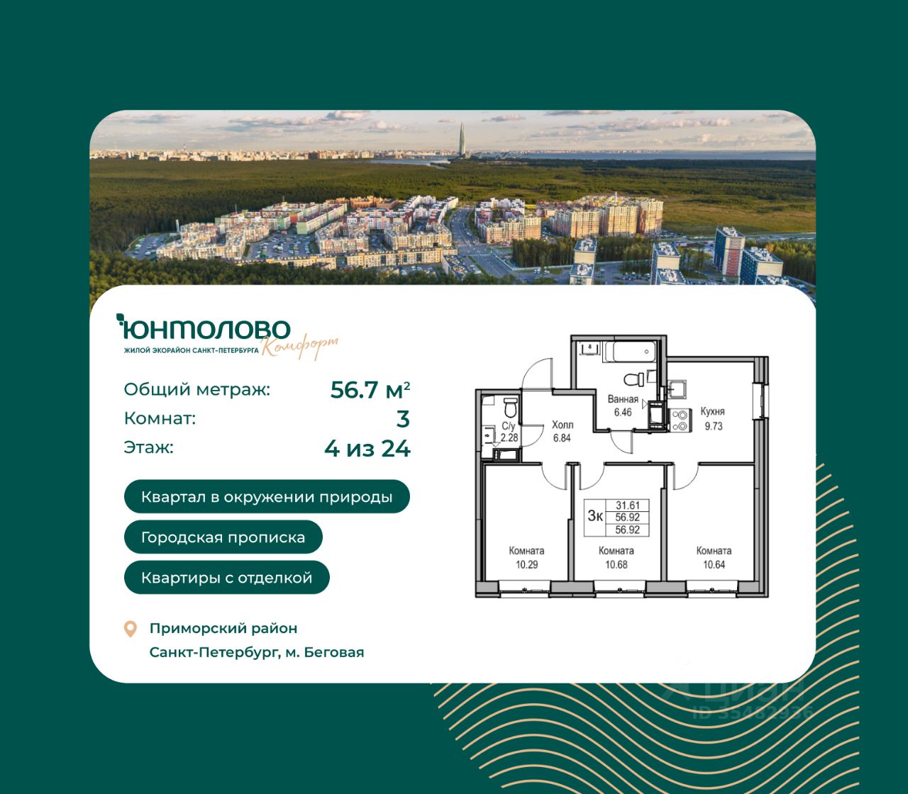 3-комнатная, 56.7 м² — ЖК ЖК Юнтолово