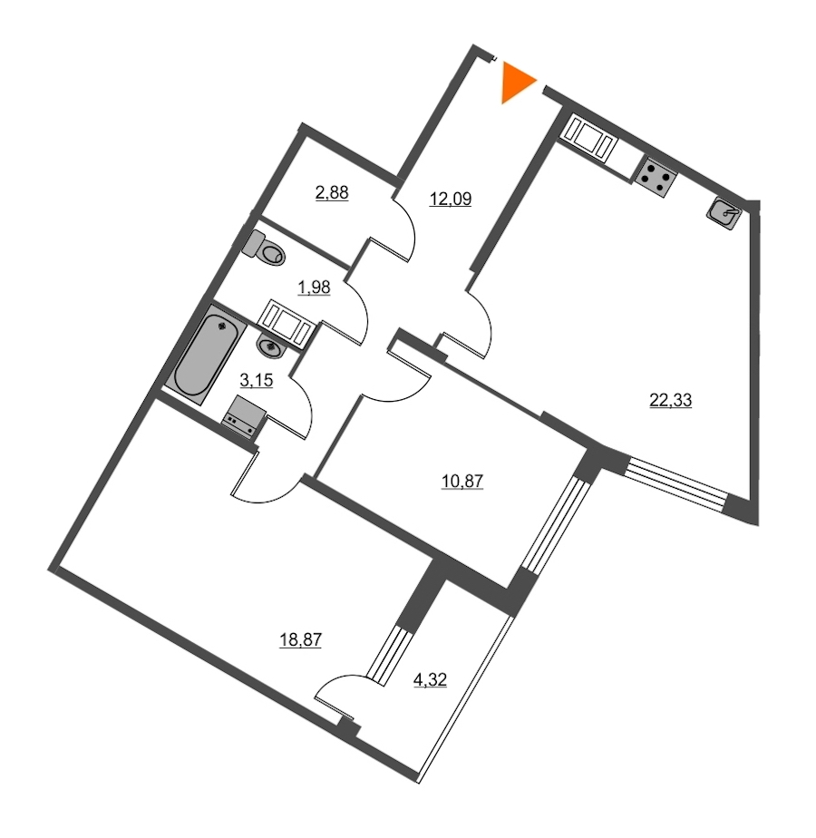 2-комнатная, 74 м² — ЖК ЖК Питер