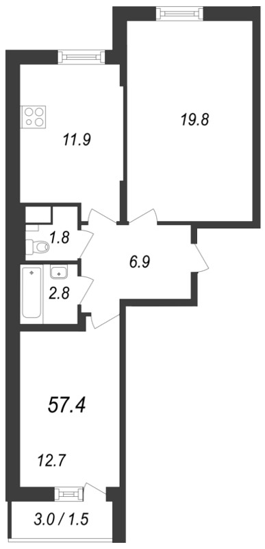 2-комнатная, 57 м² — ЖК ЖК Энфилд