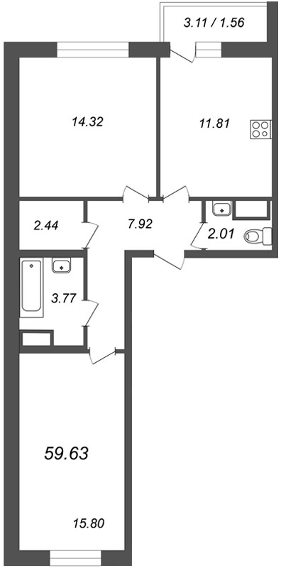2-комнатная, 60 м² — ЖК ЖК Материк