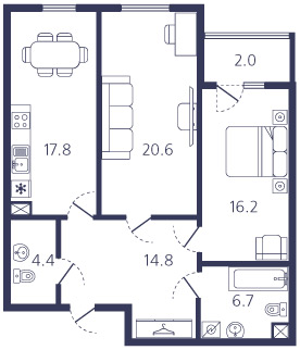 2-комнатная, 83 м² — ЖК ЖК «Авиатор (Aviator)»